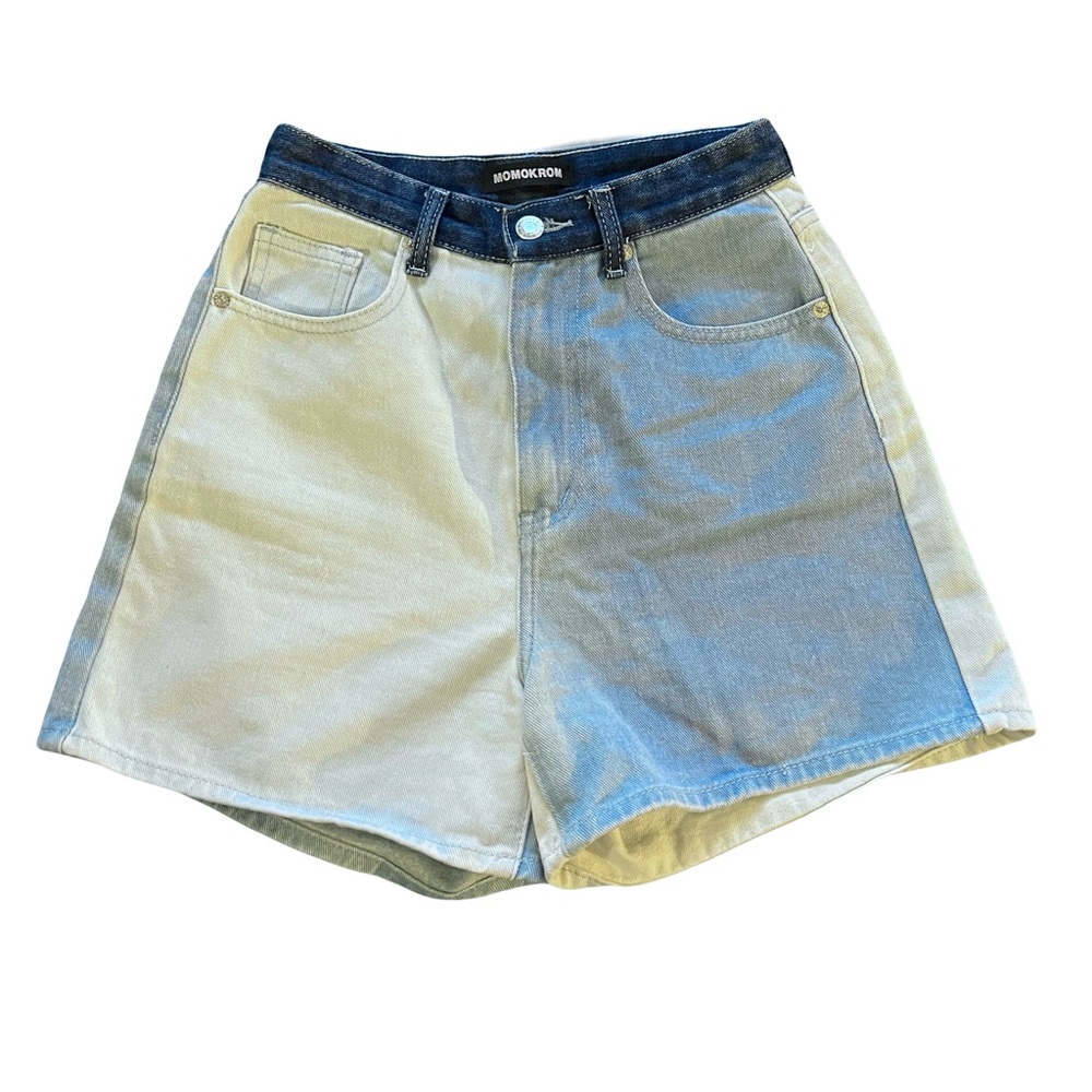 Momokrom Two Tone Color Blocked Super High Waisted Denim Jean Shorts US 2 / UK 6